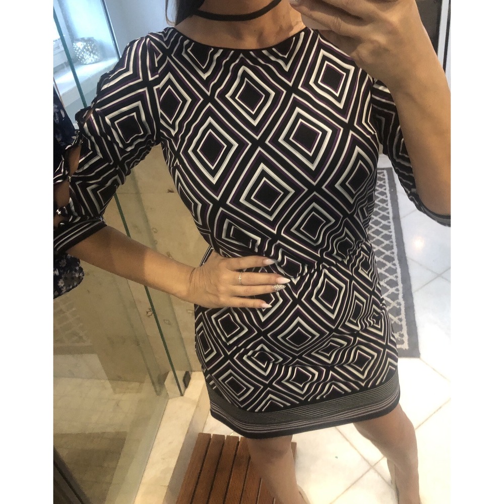 White House Black Market Geo Sheath Dress XS 2 Slit Sleeve Hi Neck Stretch